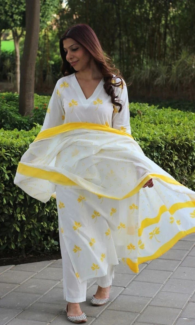 White Floral Cotton Kurta Set