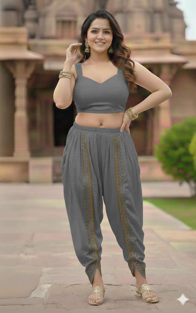 Ethnic Grey Crop Top & Dhoti Pants Set