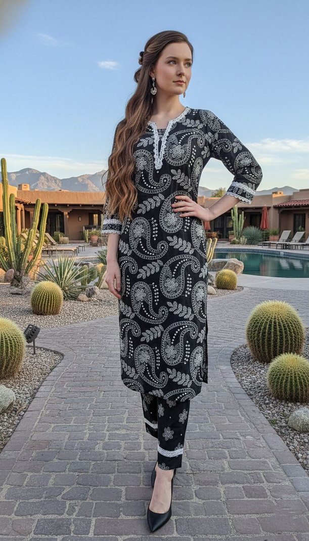 Black Paisley Printed Kurti Set