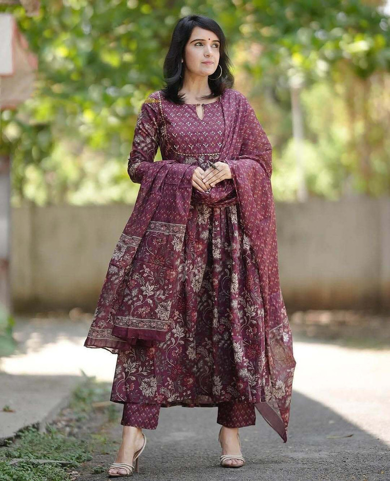 Maroon Floral Printed Cotton Suit Set