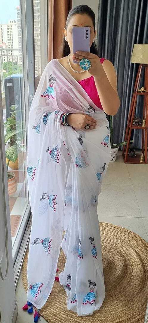 Elegant White Printed Saree