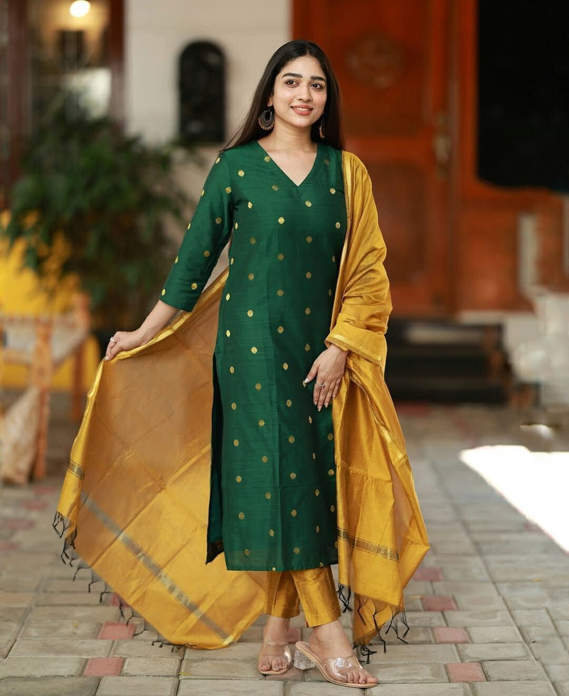 Green Kurta with Golden Dupatta Set