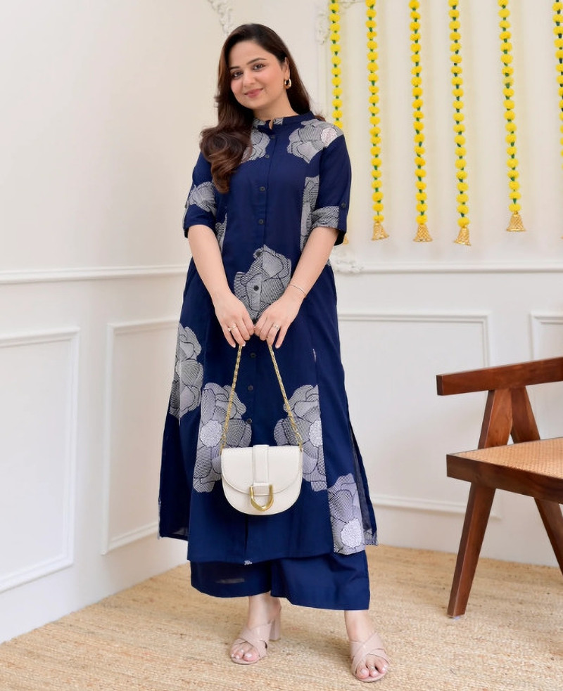 Navy Blue Floral Kurta Set