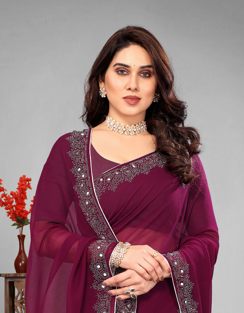 Embroidered Wine Chiffon Saree