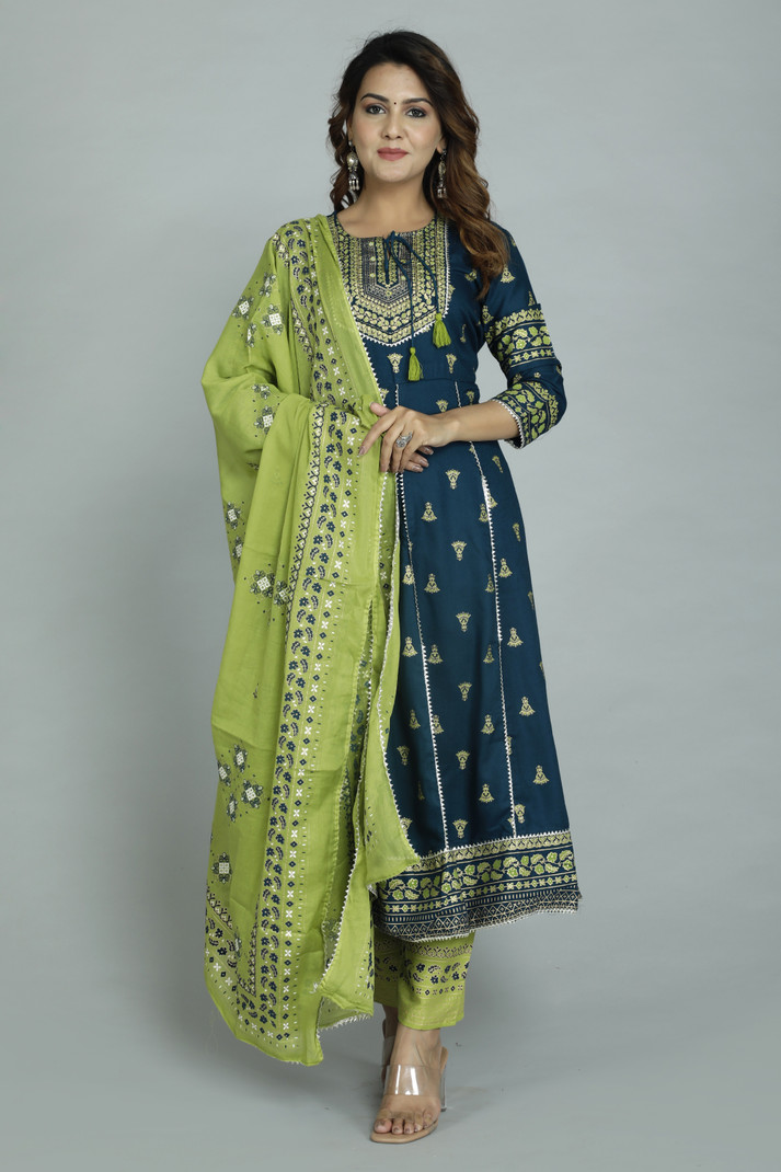 Navy Blue & Green Printed Kurta Set
