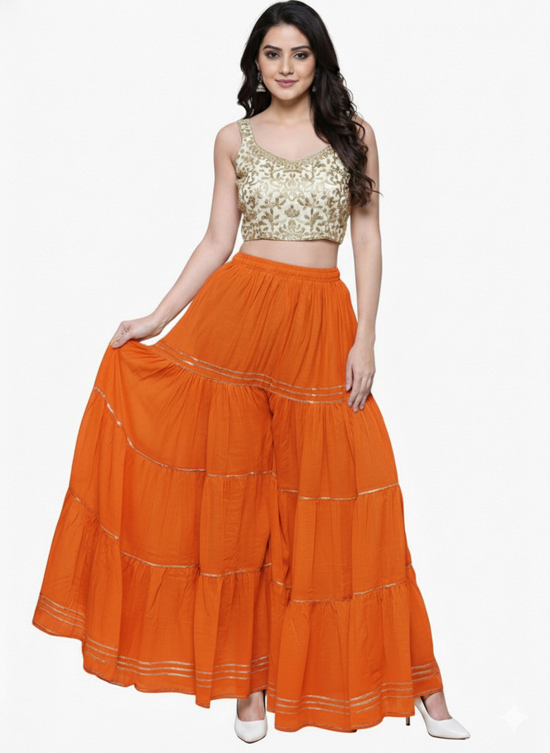 Orange Flared Palazzo Pants with Golden Crop Top