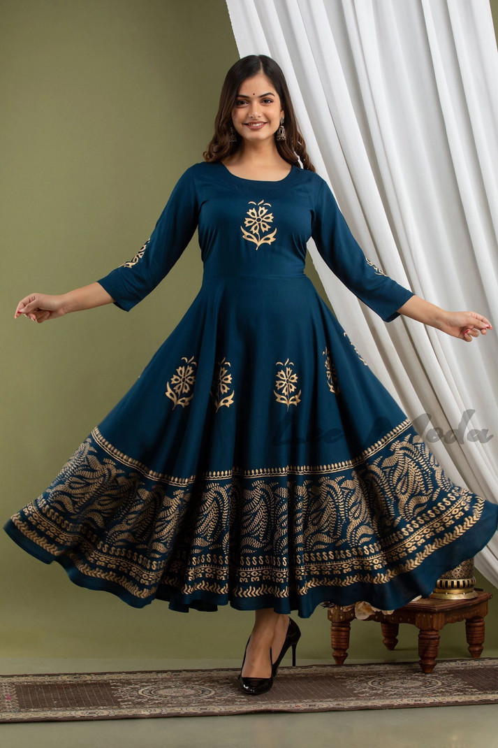 Teal Embroidered Flared Dress