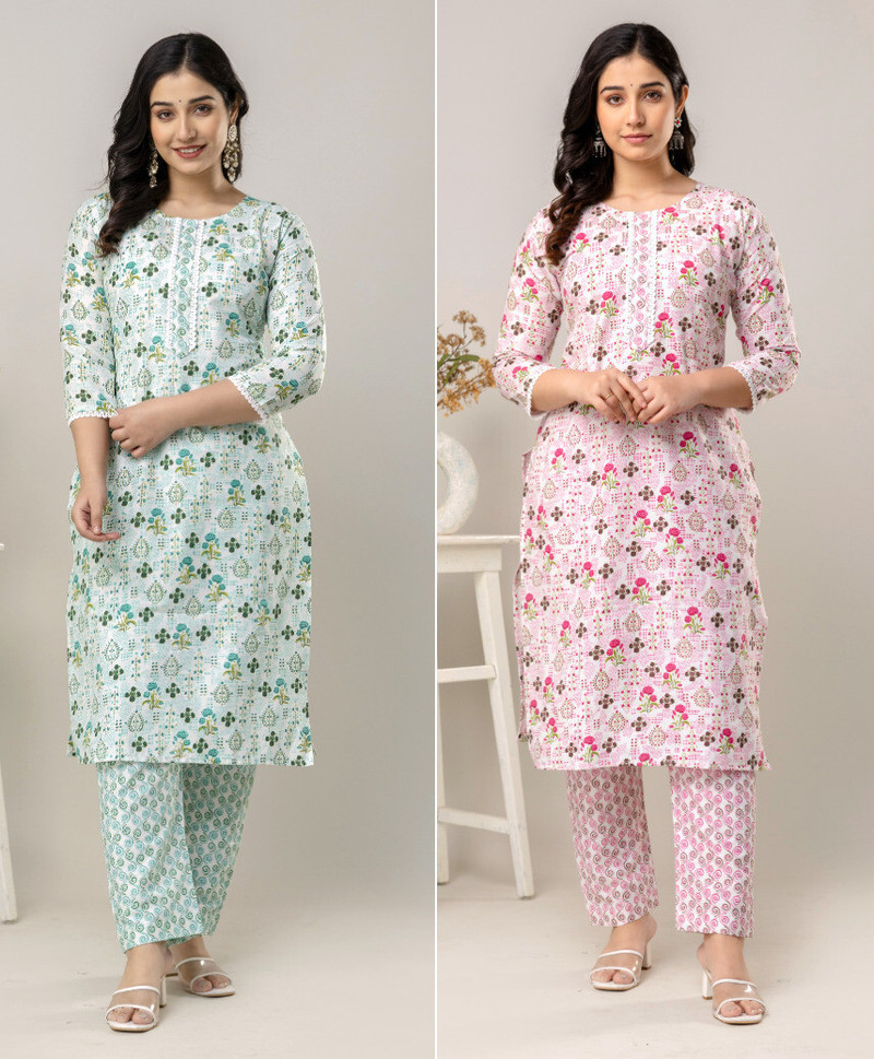 Elegant Floral Printed Cotton Kurti Set