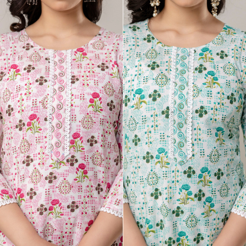 Elegant Floral Printed Cotton Kurti Set