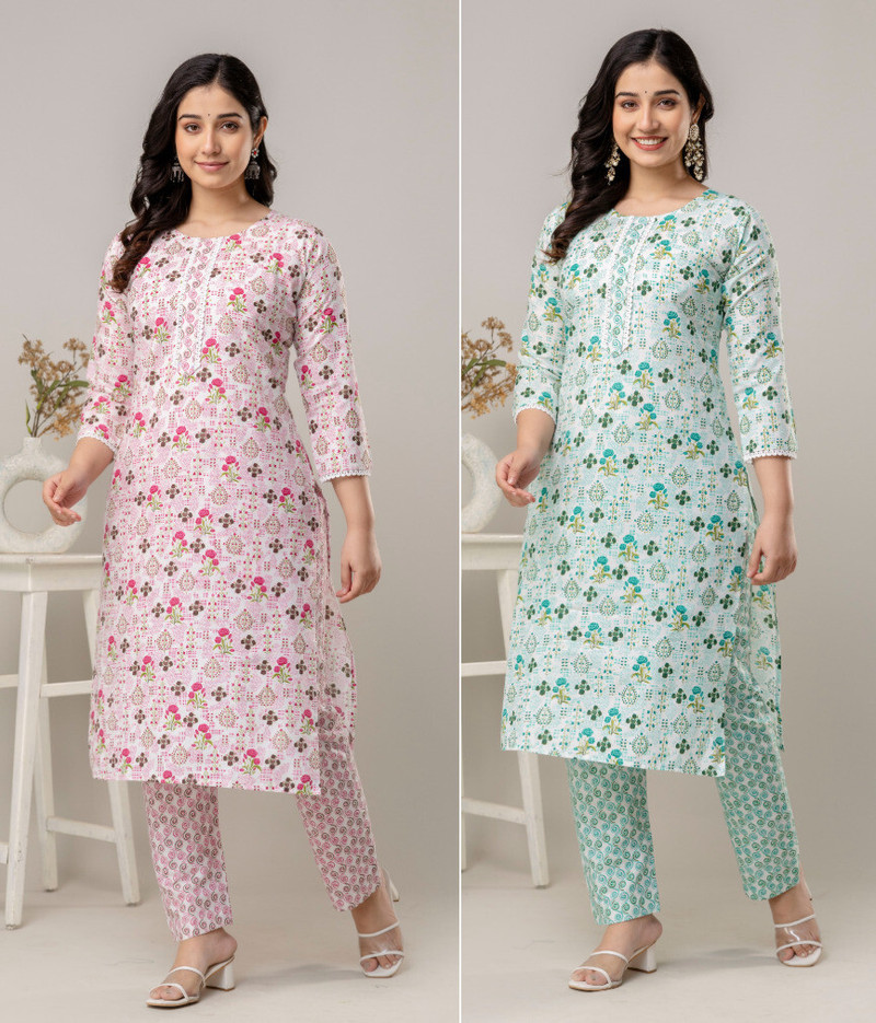 Elegant Floral Printed Cotton Kurti Set
