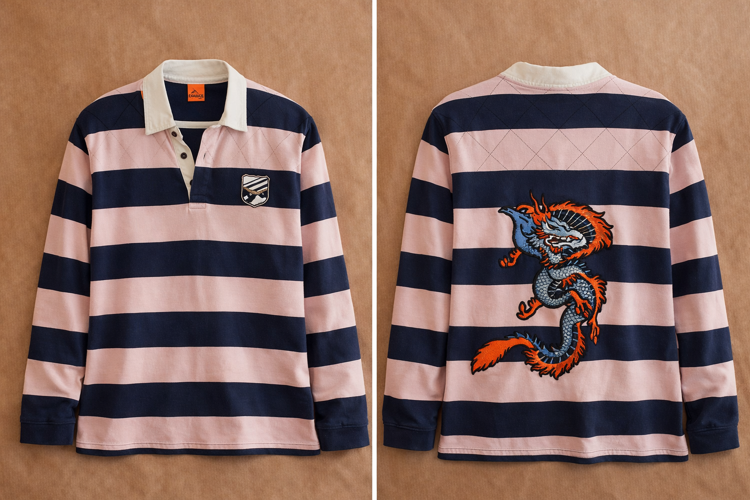 Rugby shirt upcyclé, pièce unique avec dragon brodé — taille L