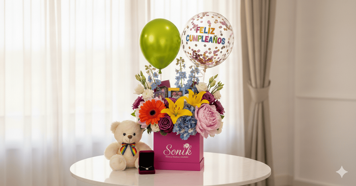 Sonik Box de cumpleaños con flores y peluche