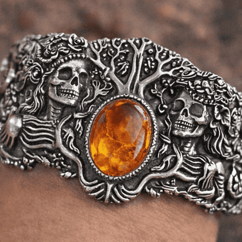 Brazalete Mictlán Calaveras y Ámbar