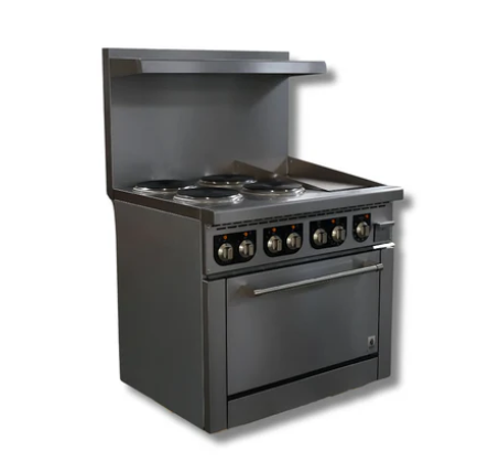 36" Wide Electric Range 4 Hot Plates,12" Griddle 208 or 240 Volt, 1 or 3 Phase, Hot Zone HZ-ER36-12G