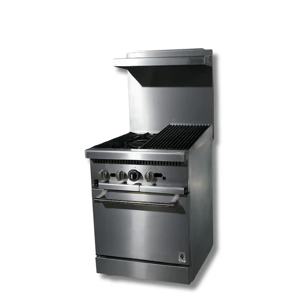 24″ Wide 12″ Charbroiler With 2 Burner Stove Top LPG or NG Gas Range Oven Hot Zone HZ-R24-12CB