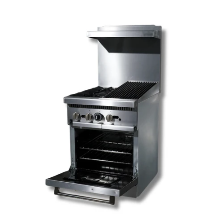 24" Gas Range w/ 12" Charbroiler, 2 Hot Plates & Built in Convection Oven, LP or NG, Hot Zone HZ-CR24-12CB