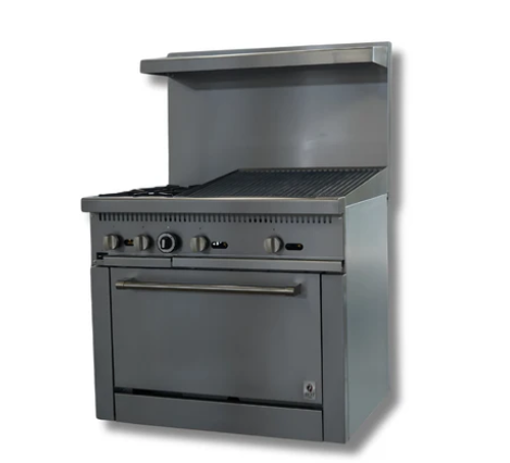 36" Wide Gas Range With 24" Charbroiler, 2 Hot Plates & Built in Convection Oven, LP or NG, Hot Zone HZ-CR36-24CB