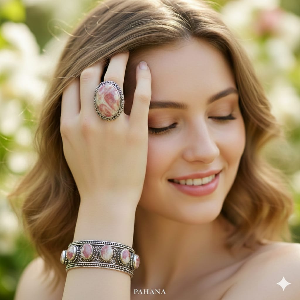 Conjunto de joyería de plata con Piedra Rodonita