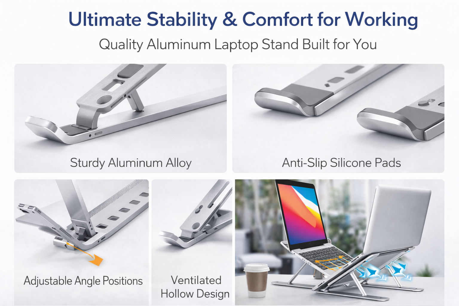 Neck Pain Relief Aluminium Adjustable Laptop Stand For Work From Home