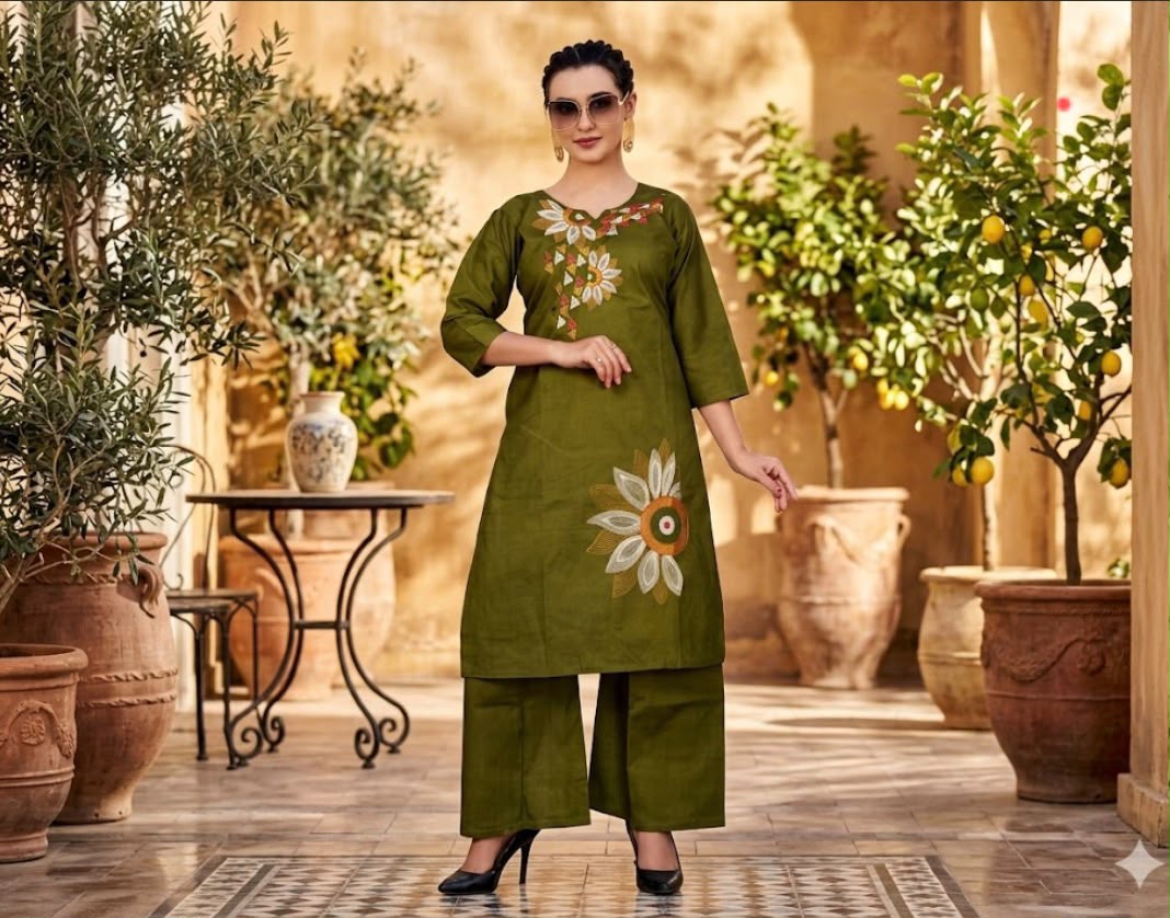 Olive Green Floral Kurta Set