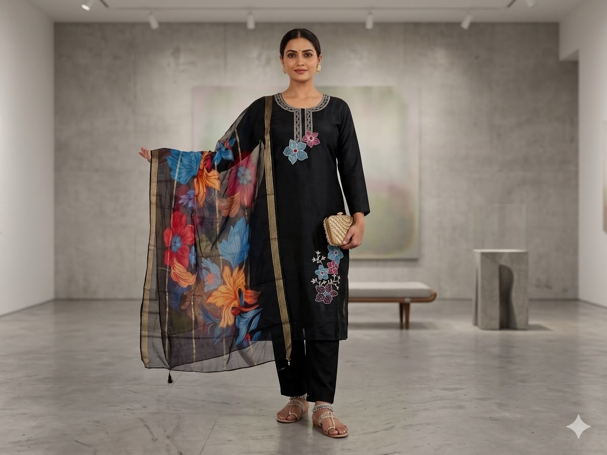 Floral Embroidered Black Kurta Set