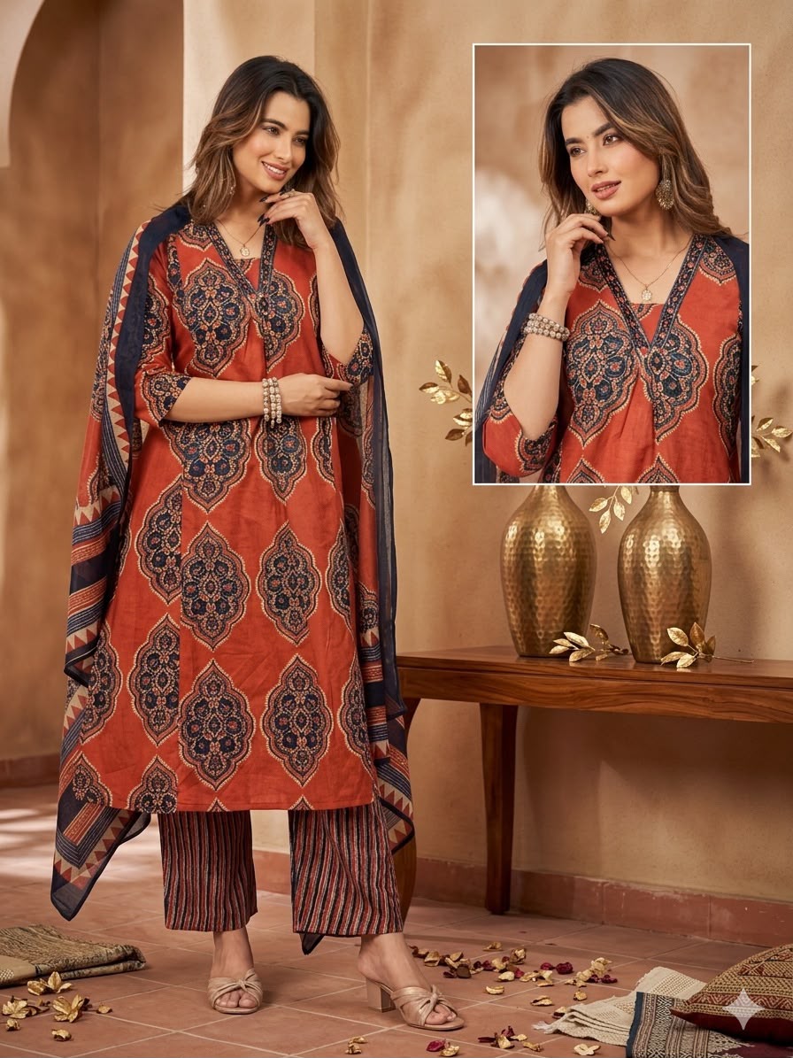 Rust Printed Cotton Suit Set
