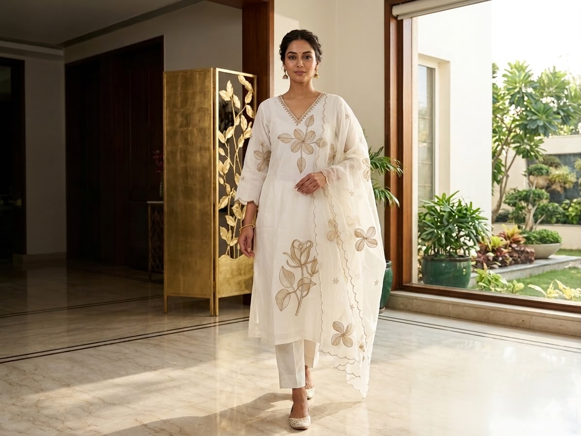 Floral Embroidered White Kurta Set