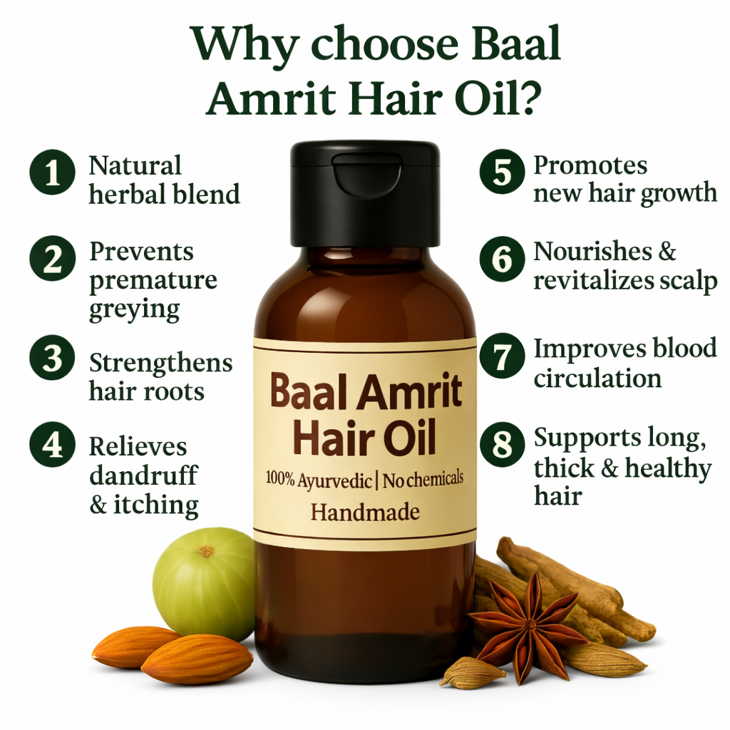 Baal Amrit Hair Oil | 100% Ayurvedic Herbal Hair Oil | Helps Reduce Hair Fall, Hair Breakage & Baldness Appearance | Nourishes Scalp | No Chemicals | Handmade | 60 ml