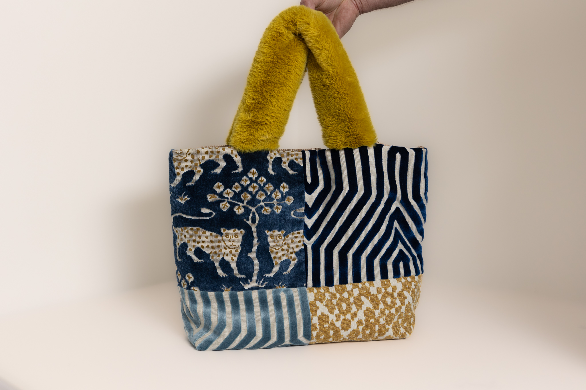 High-End Designer Textile Tote Bag with Fluffy Handle 