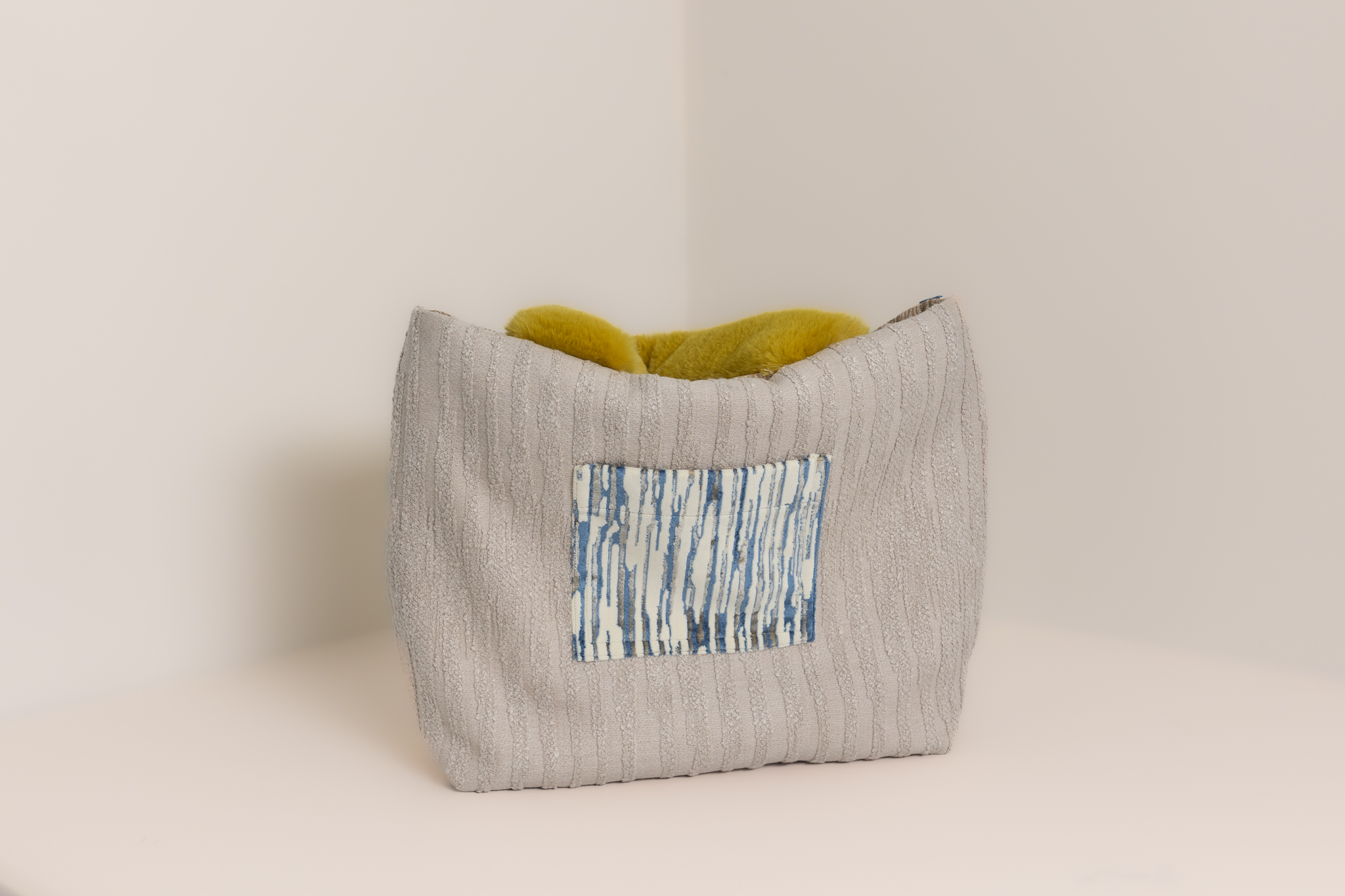 High-End Designer Textile Tote Bag with Fluffy Handle 