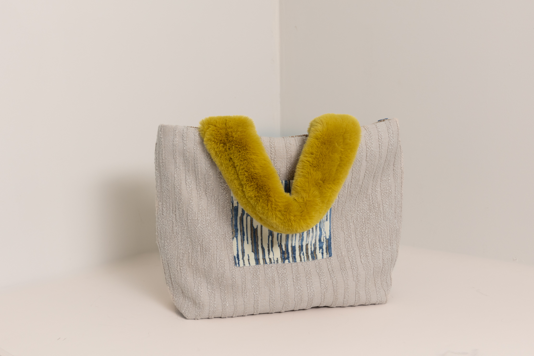 High-End Designer Textile Tote Bag with Fluffy Handle 