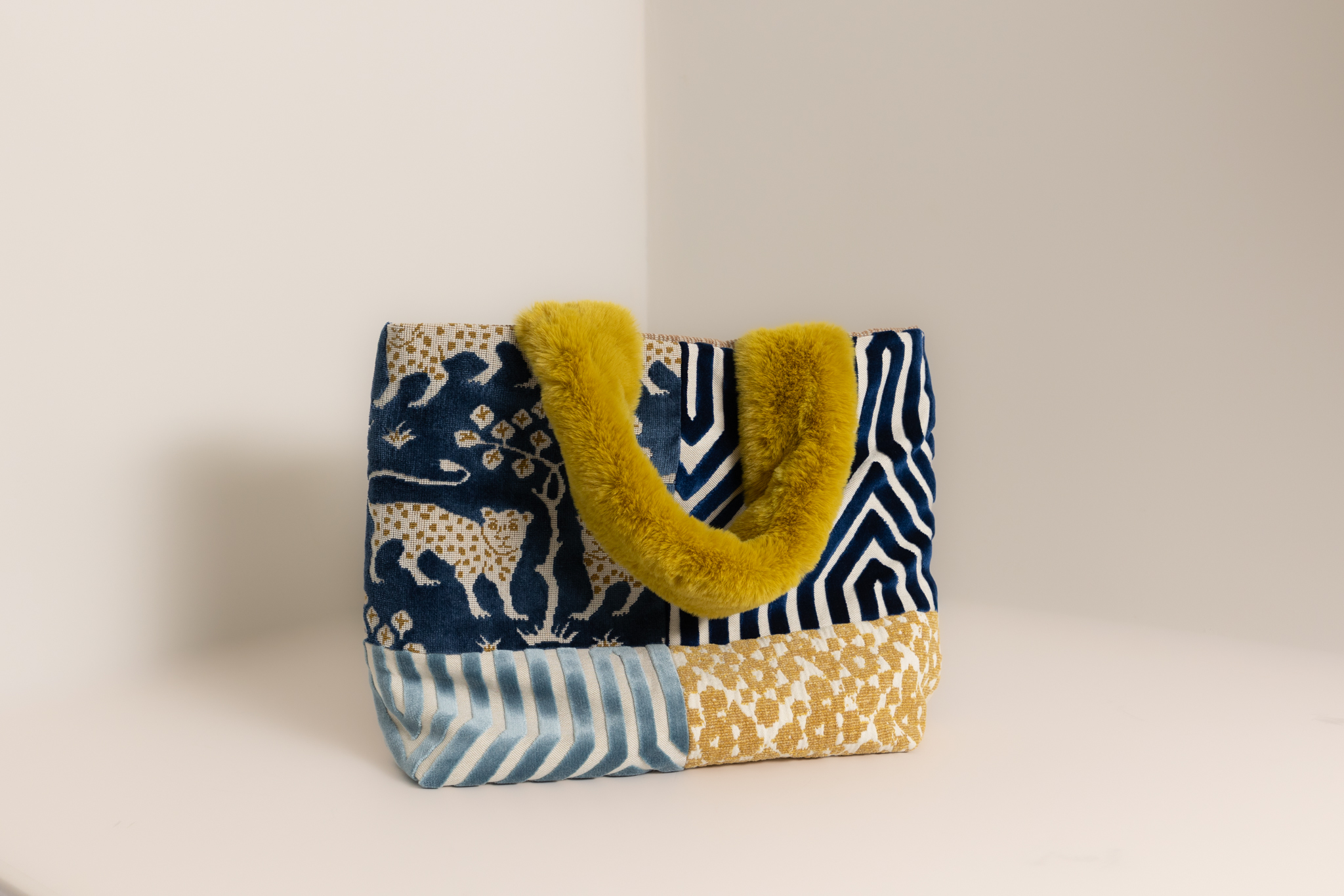 High-End Designer Textile Tote Bag with Fluffy Handle 