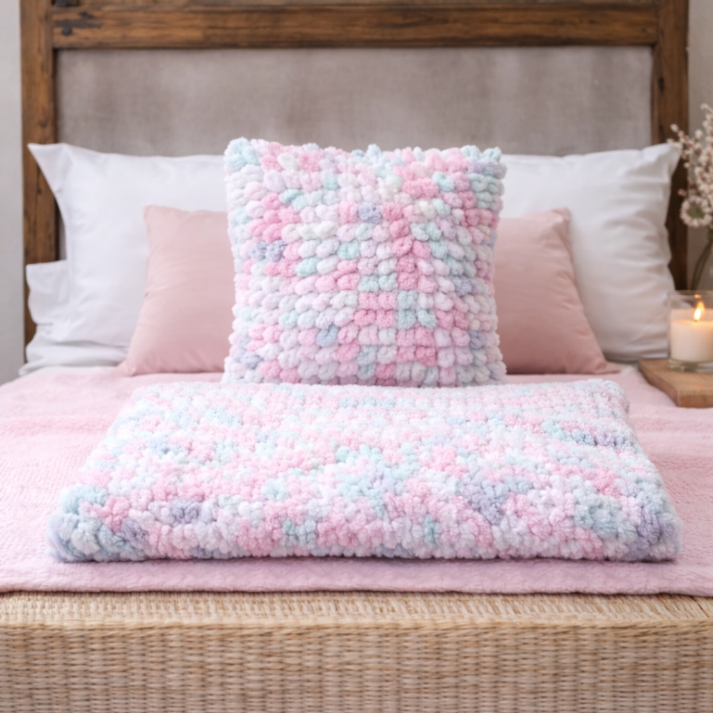 Pastel Chunky Knit Blanket & Pillow Set