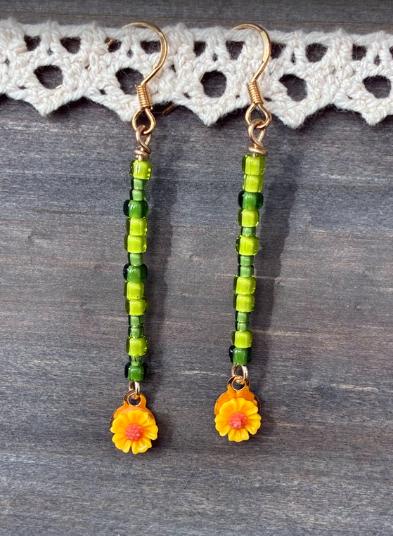 Beaded Sunflower Dangle Earrings
