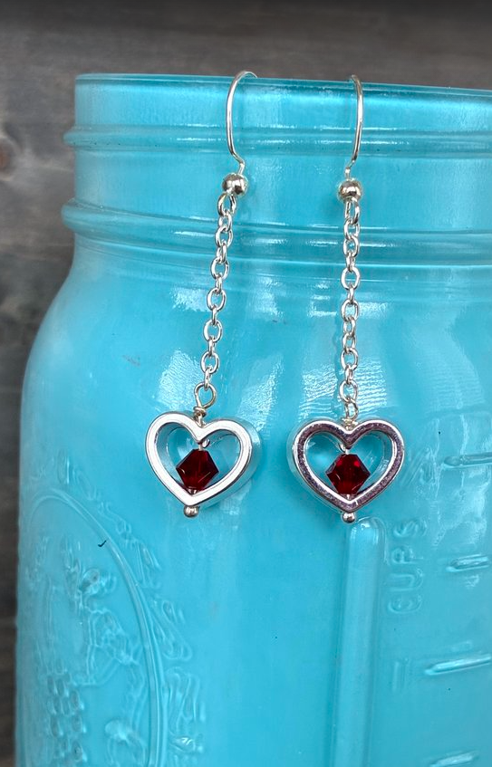 Heart Drop Earrings with Crimson Crystal Center