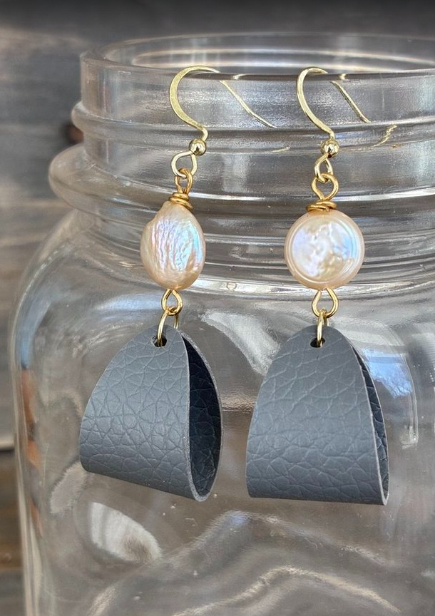 Coin Pearl & Gray Faux Leather Earrings
