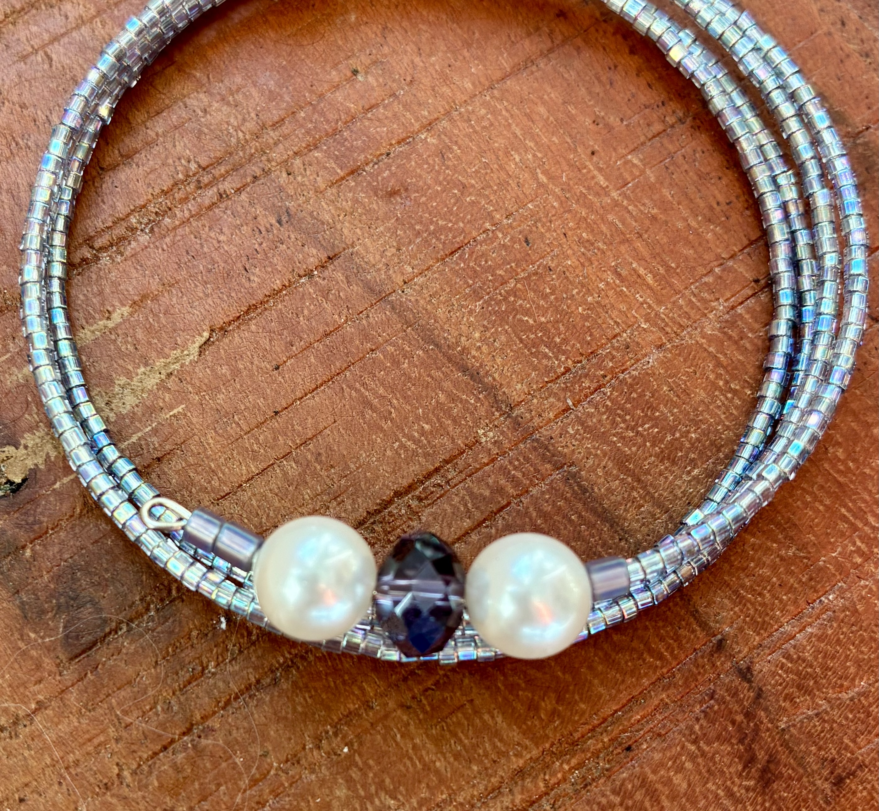 Silvery Bead Wrap Bracelet with Pearl Accent