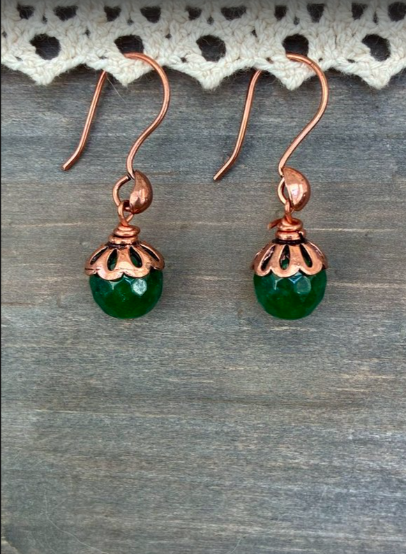 Green Stone Earrings with Copper Accents