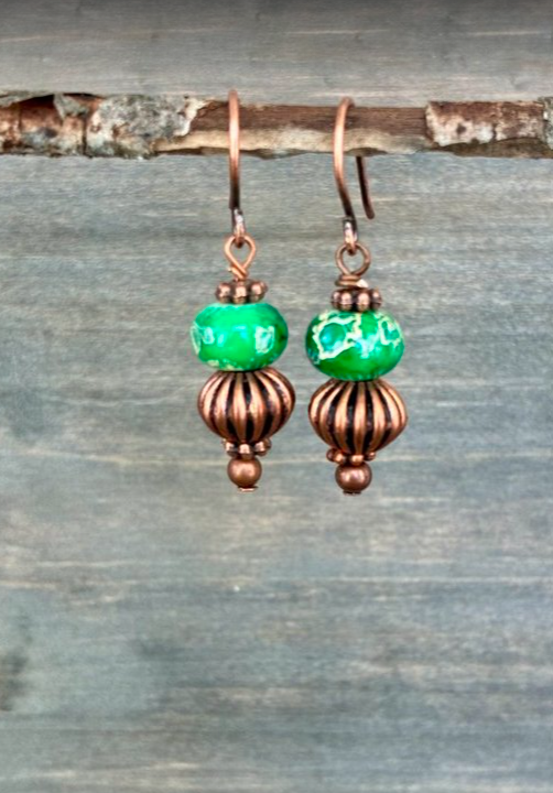 Copper and Green Stone Earrings
