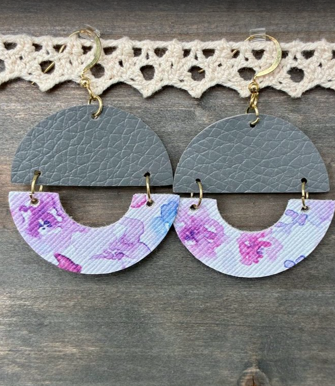 Gray & Floral Semi-Circle Earrings
