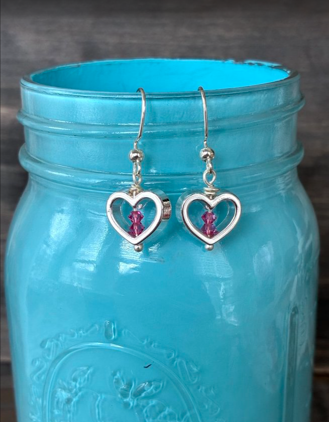 Heart Frame Earrings with Pink Mini Crystal Center