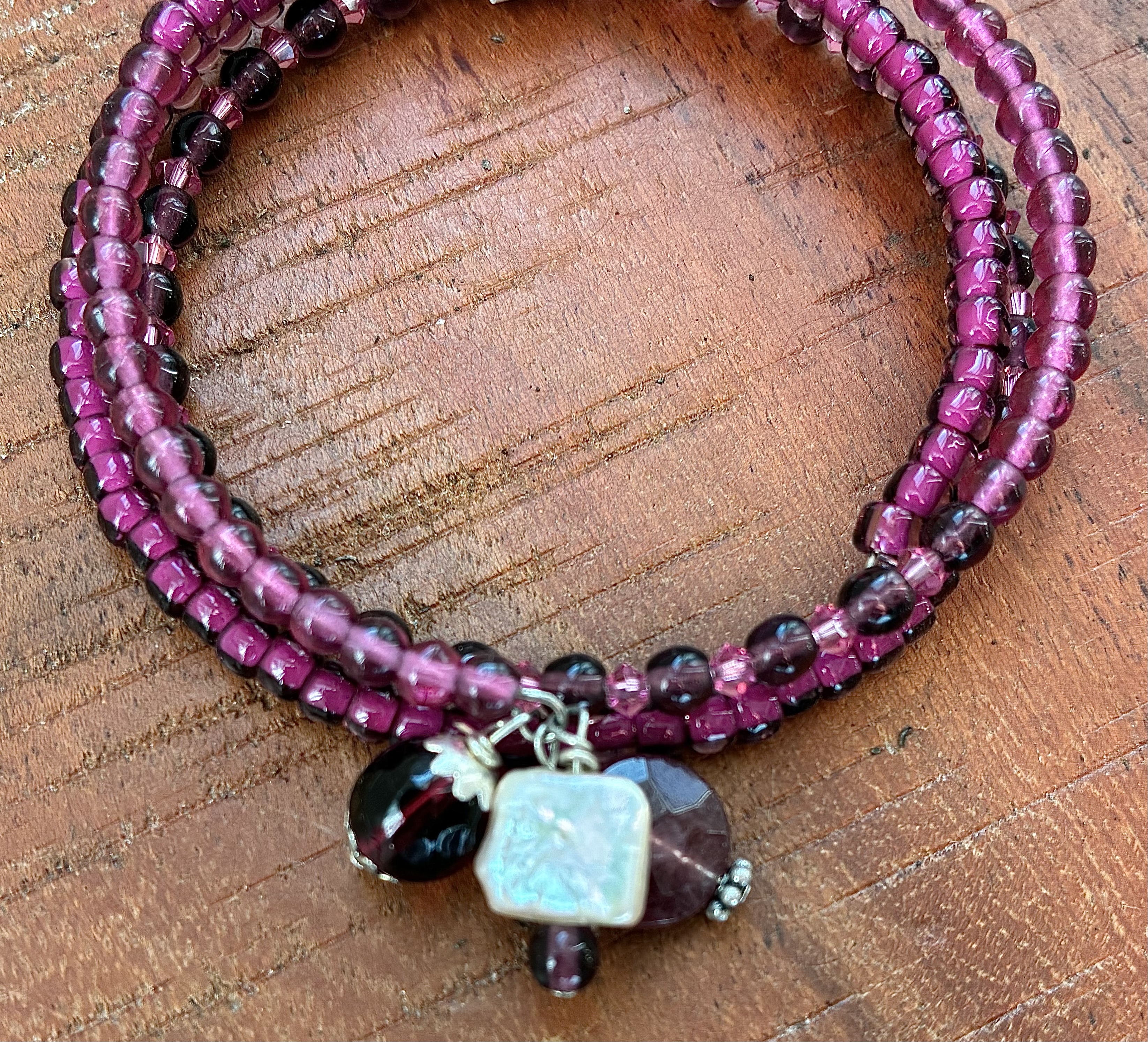 Burgundy Beaded Wrap Bracelet with Pearl Accent