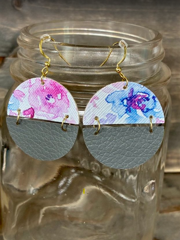 Floral & Grey Leather Earrings
