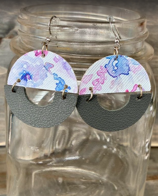 Purple Floral & Gray Faux Leather Earrings--Style B