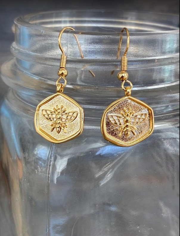 Honeycomb Bee Gold Earrings