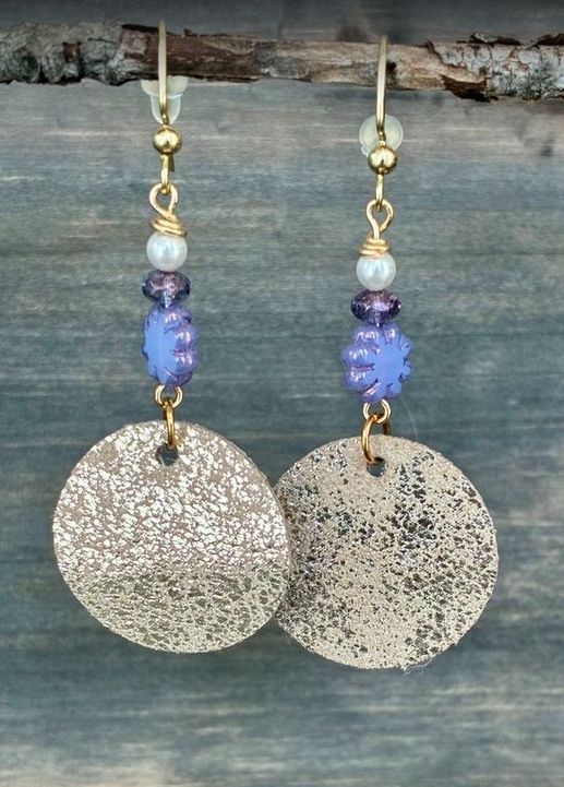 Metallic Faux Leather Dangle Earrings with Lavendar Czech Beads