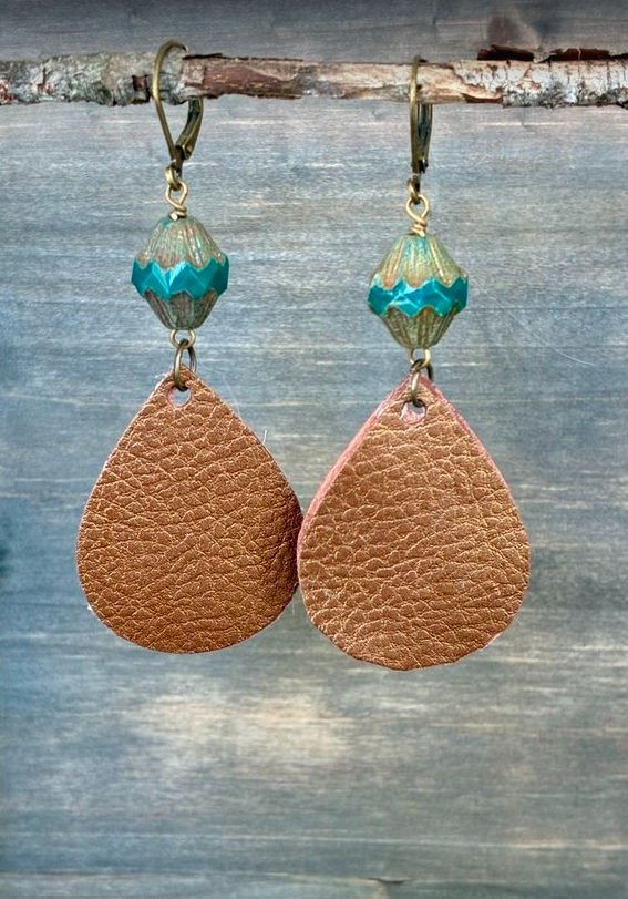 Coppery Metallic Faux Leather Teardrop Earrings with Rough Cut Green Beads