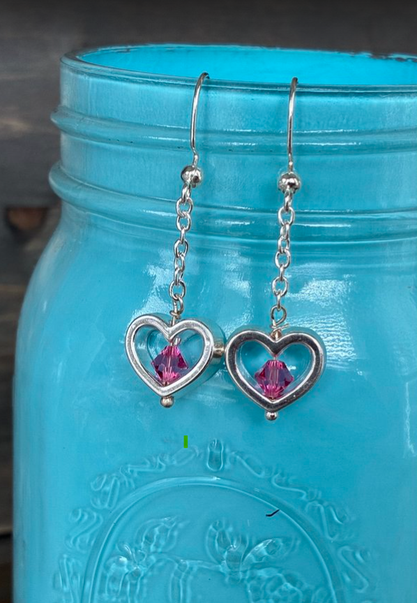 Heart Drop Earrings with Pink Crystal Center