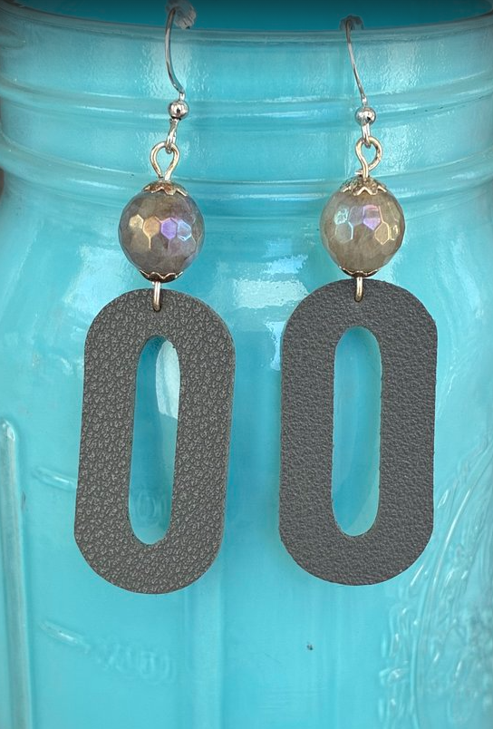 Oval Gray Faux Leather Earrings with Faceted Labradorite Bead