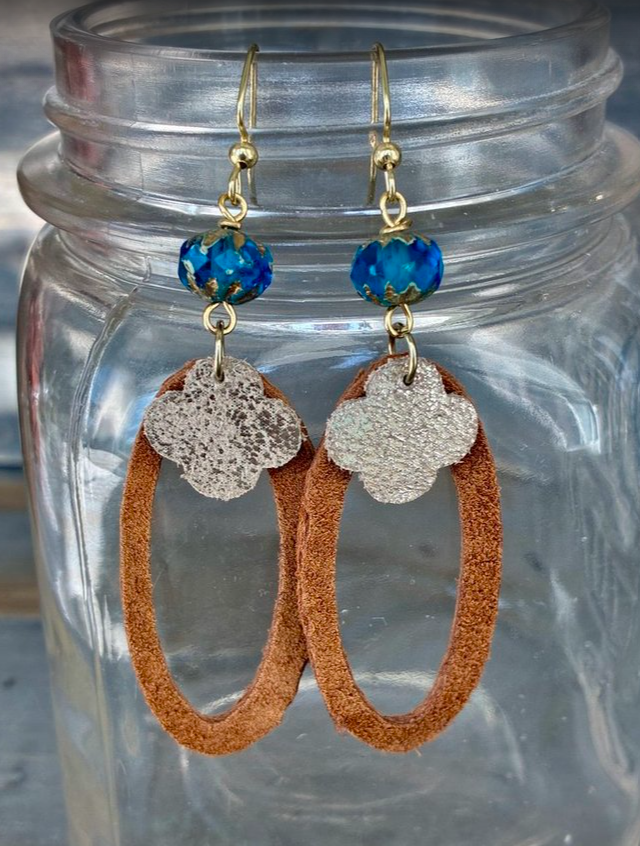 Real Leather & Azure Crystal Drop Earrings